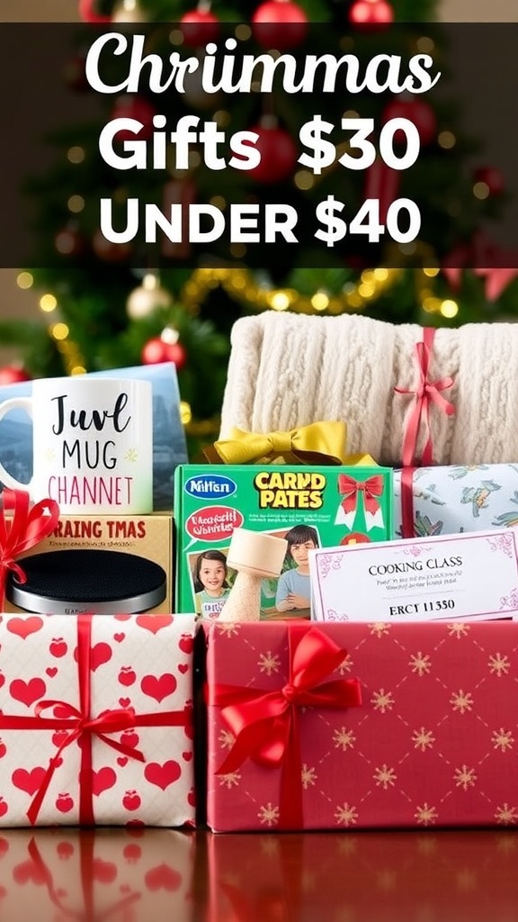 A collection of affordable Christmas gifts under $50, including a mug, blanket, game, speaker, and voucher, surrounded by festive decorations.